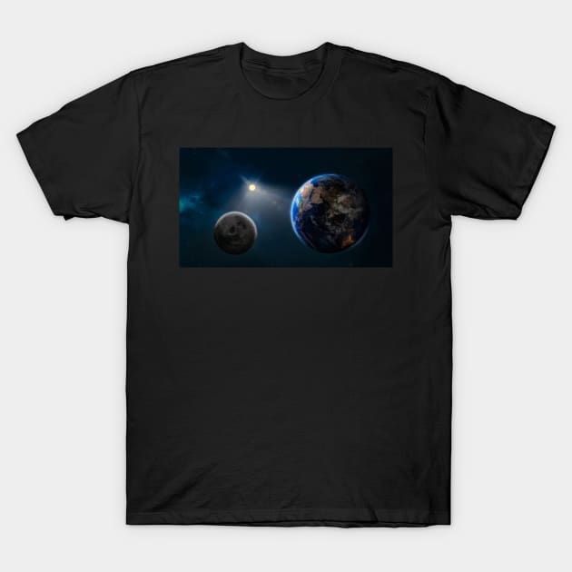 Planet earth and the moon in space, stars fill the sky, with sunlight, 3D illustration T-Shirt by MoEsam95